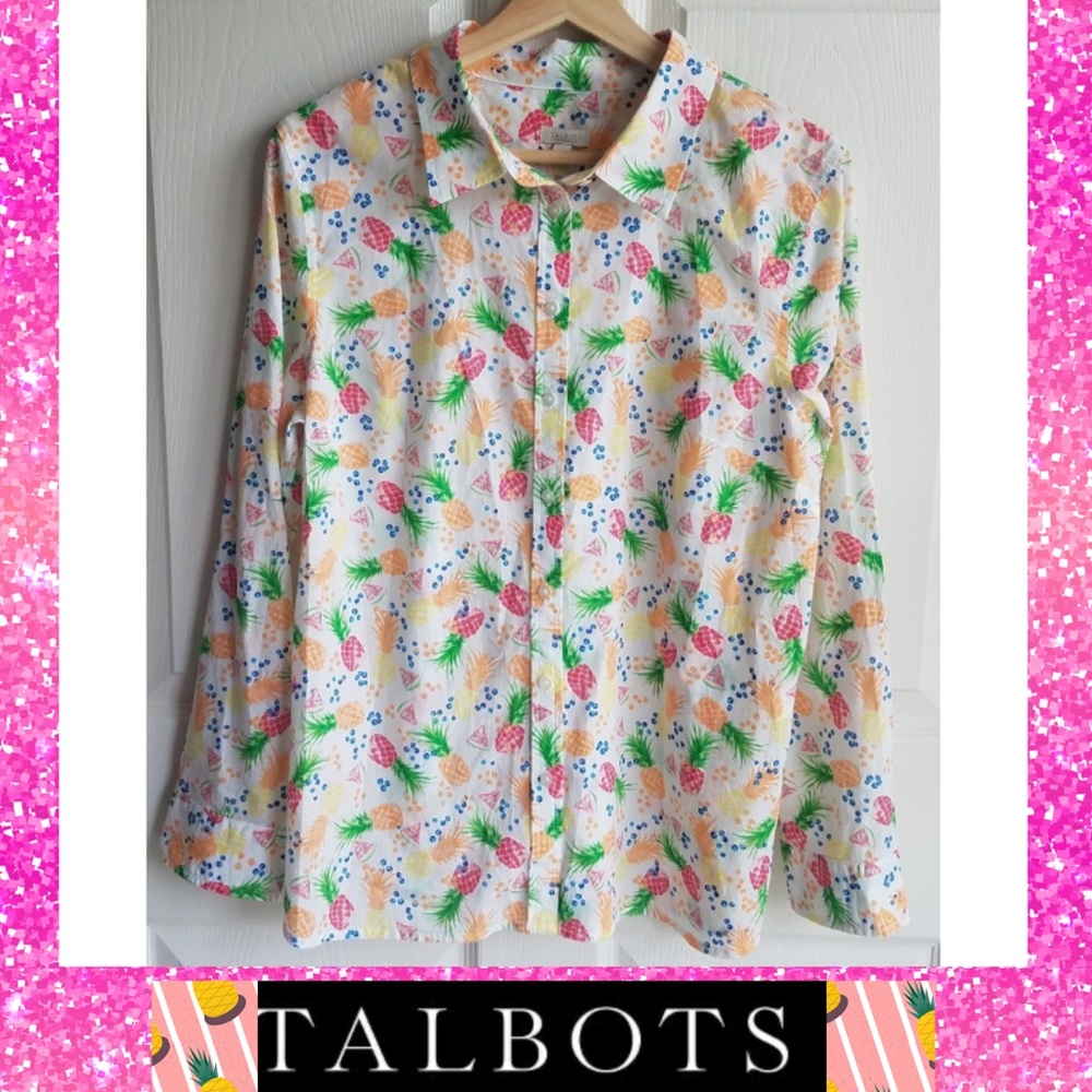 Talbots Button Down Cotton Pineapple Blouse Large - image 1